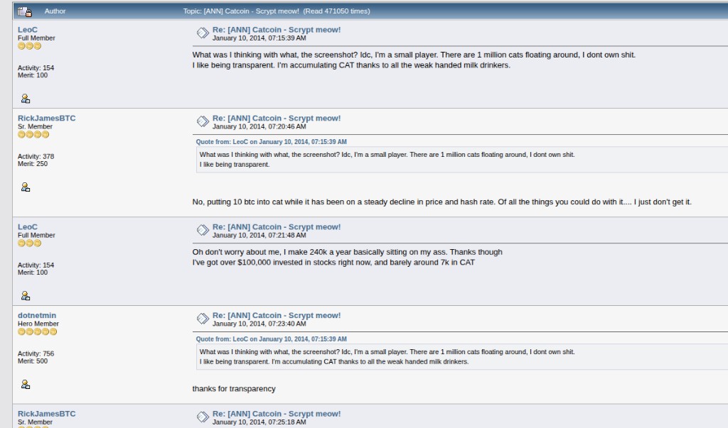 Bitcointalk forum screenshot: Catcoin announcement thread from 2014